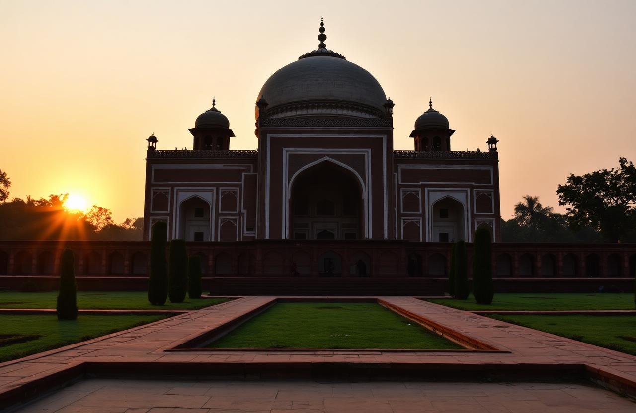 Sunset behind a domed Mughal monument